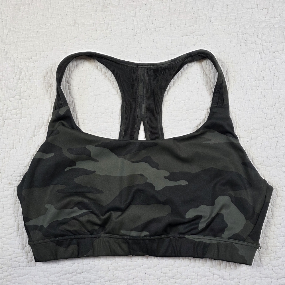 Athleta Contender Camo Printed Sports Bra Black Olive Green - Picture 3 of 9